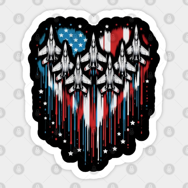 Fighter Jet Airplane American Flag USA Heart 4th Of July Sticker by TopTees
